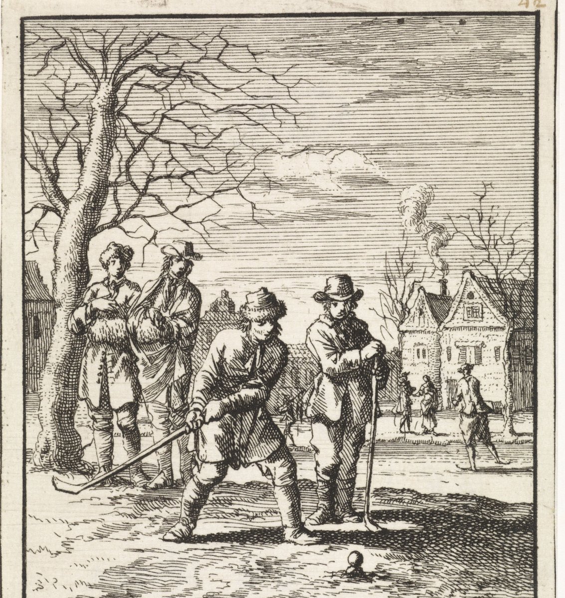 Gravure ancienne de garçons jouant au kolf devant une maison, en hiver